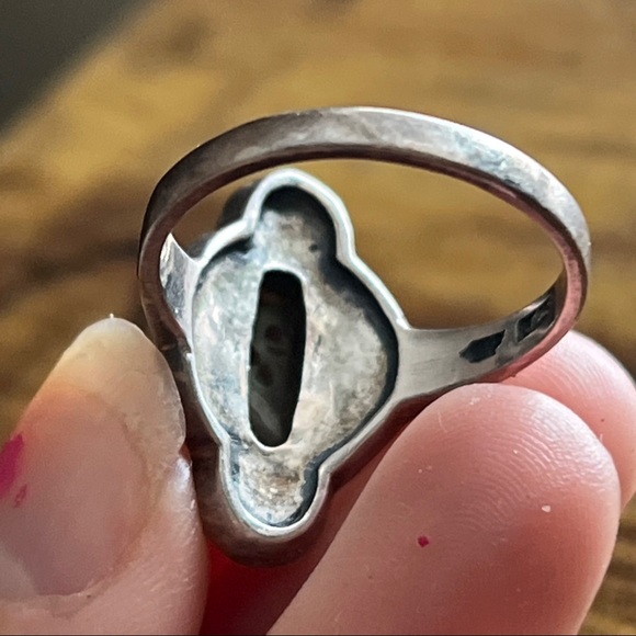 Stunning vintage stamped sterling silver abalone shell elongated ring Woodstock - Picture 4 of 9